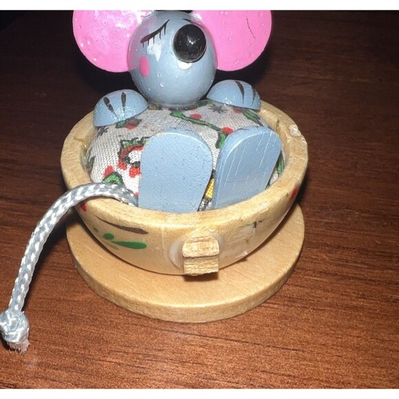 Sleeping Mouse Tea Cup Ornament Grey Wooden Christmas Hat Big Ears Vintage *flaw - Picture 2 of 7